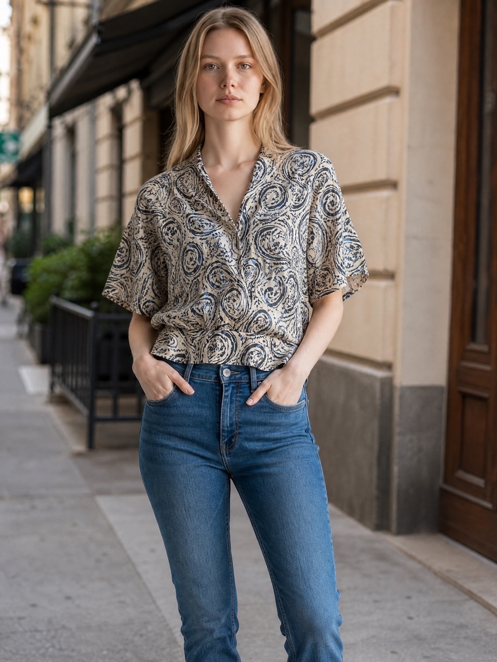 Zara Paisley Short-Sleeve Blouse - Cream & Navy